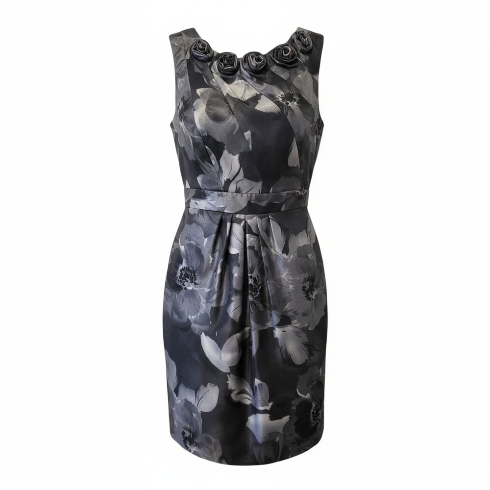 Adrianna Papell Black & Gray Floral Rosette Sheath Midi Dress - Picture 4 of 6